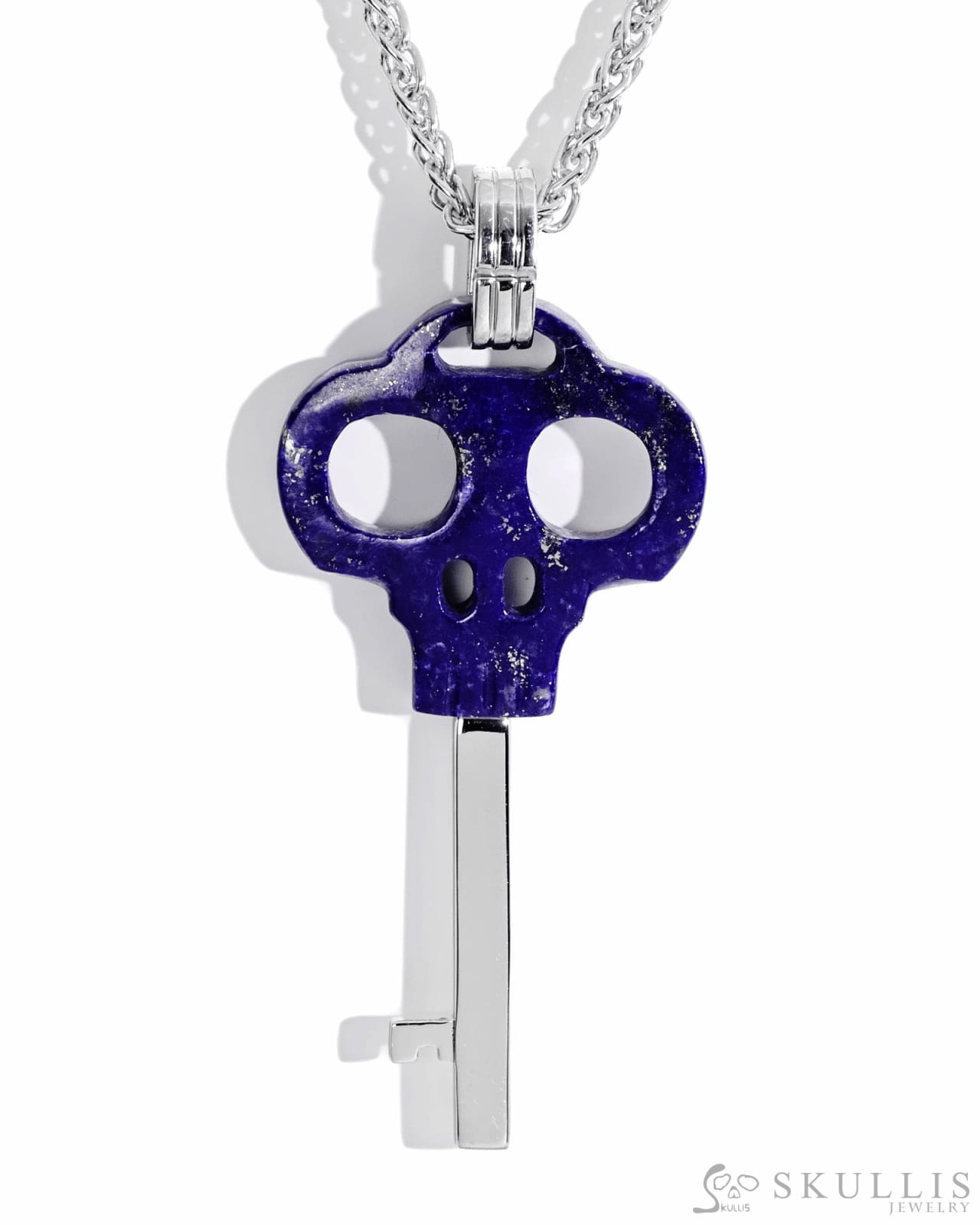 Gem Skull Pendant Necklace of Lapis Lazuli Carved Key Skull with 925 Sterling Silver Skull Pendants