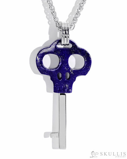 Gem Skull Pendant Necklace of Lapis Lazuli Carved Key Skull with 925 Sterling Silver Skull Pendants
