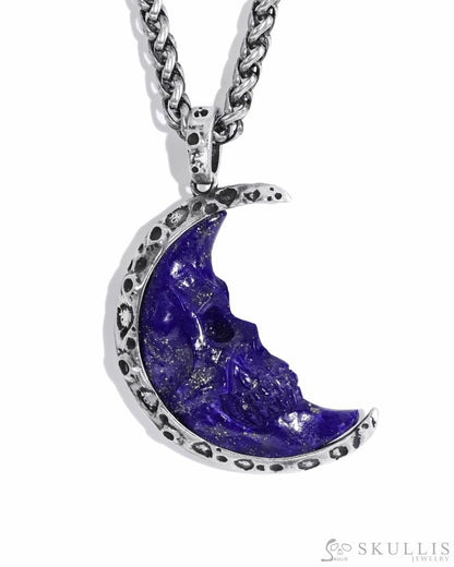 Gem Skull Pendant Necklace of Lapis Lazuli Carved Moon Skull with 925 Sterling Silver Skull Pendants