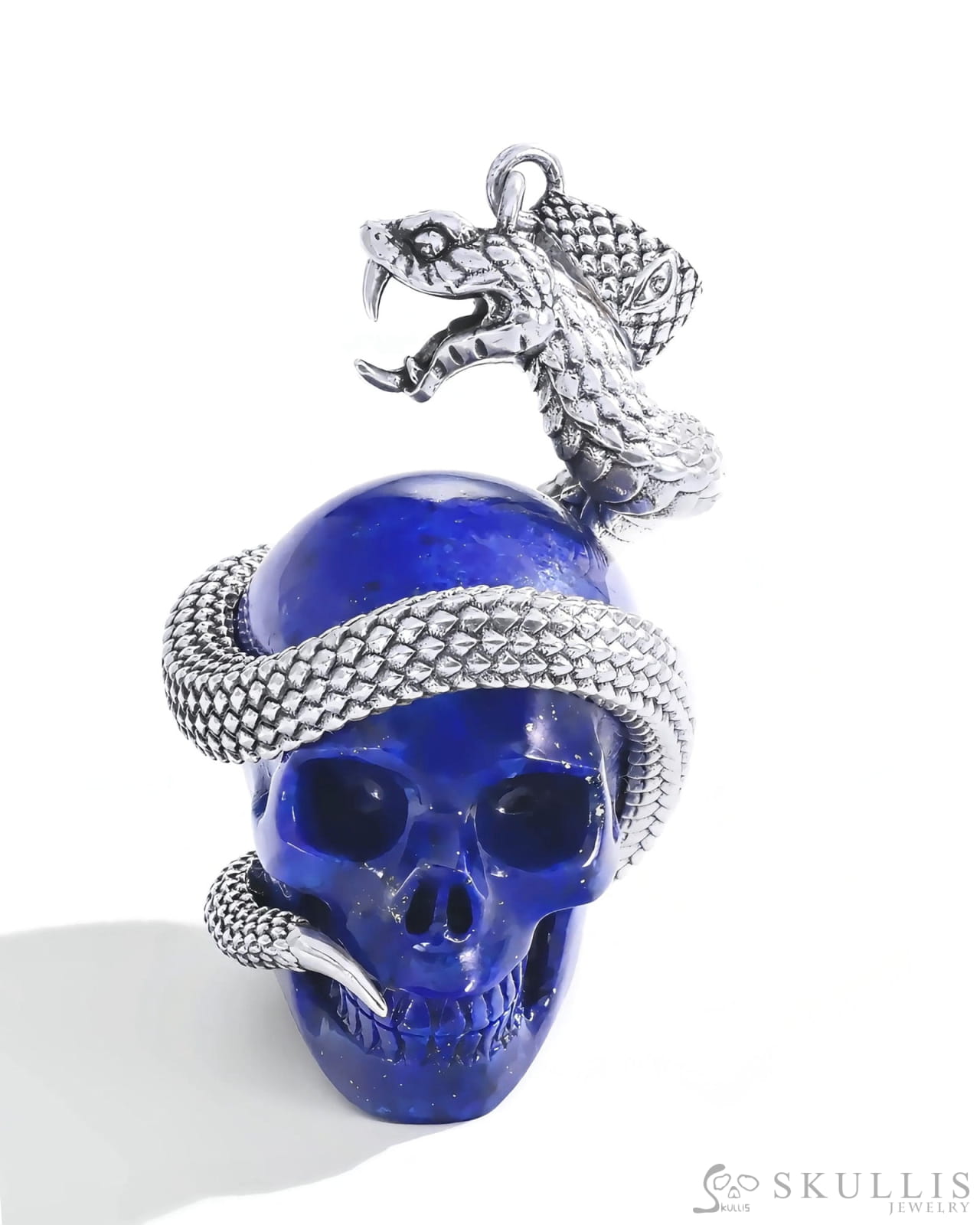 Gem Skull Pendant Necklace of Lapis Lazuli Carved snake Skull with 925 Sterling Silver Skull Pendants