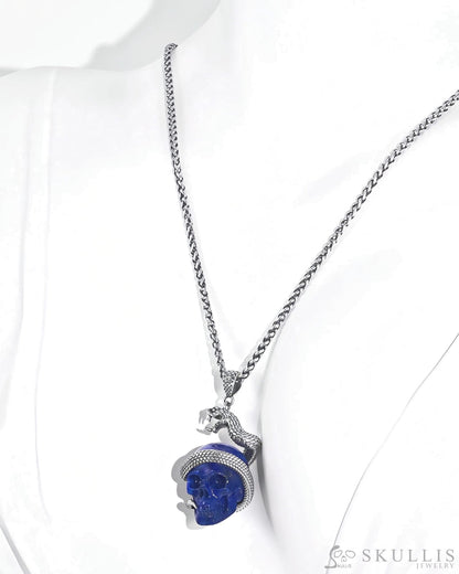 Gem Skull Pendant Necklace of Lapis Lazuli Carved snake Skull with 925 Sterling Silver Skull Pendants