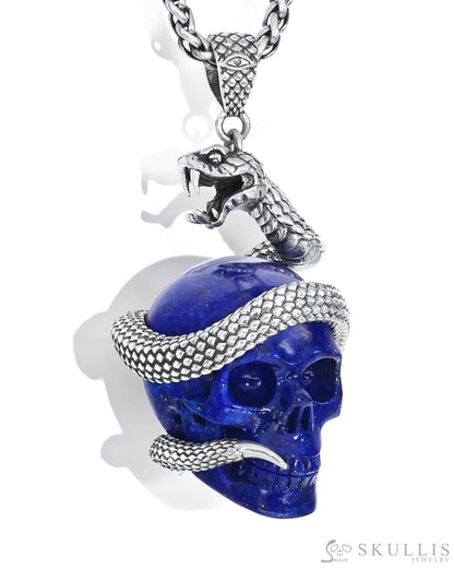Gem Skull Pendant Necklace of Lapis Lazuli Carved snake Skull with 925 Sterling Silver Skull Pendants