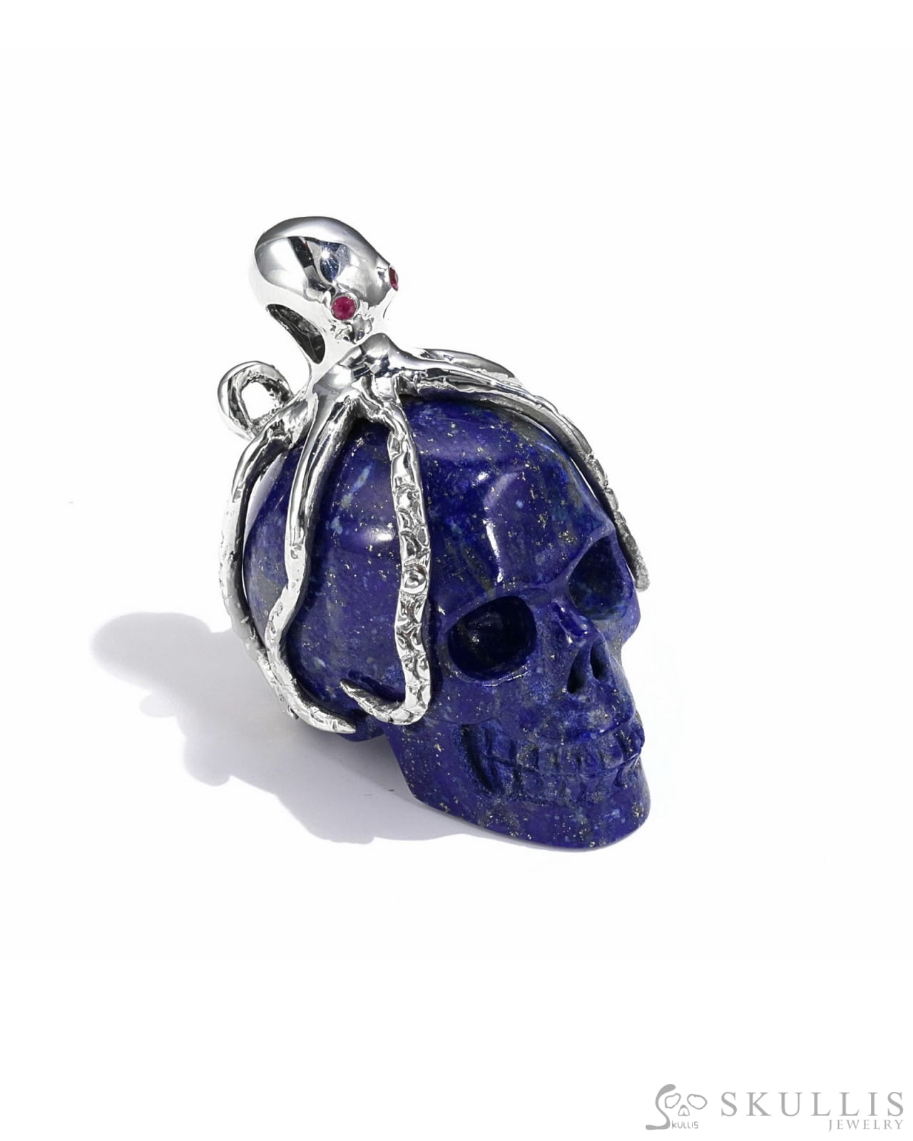 Gem Skull Pendant Necklace Of Lapis Lazuli Crystal Carved Skull With Detachable Silver Jaw