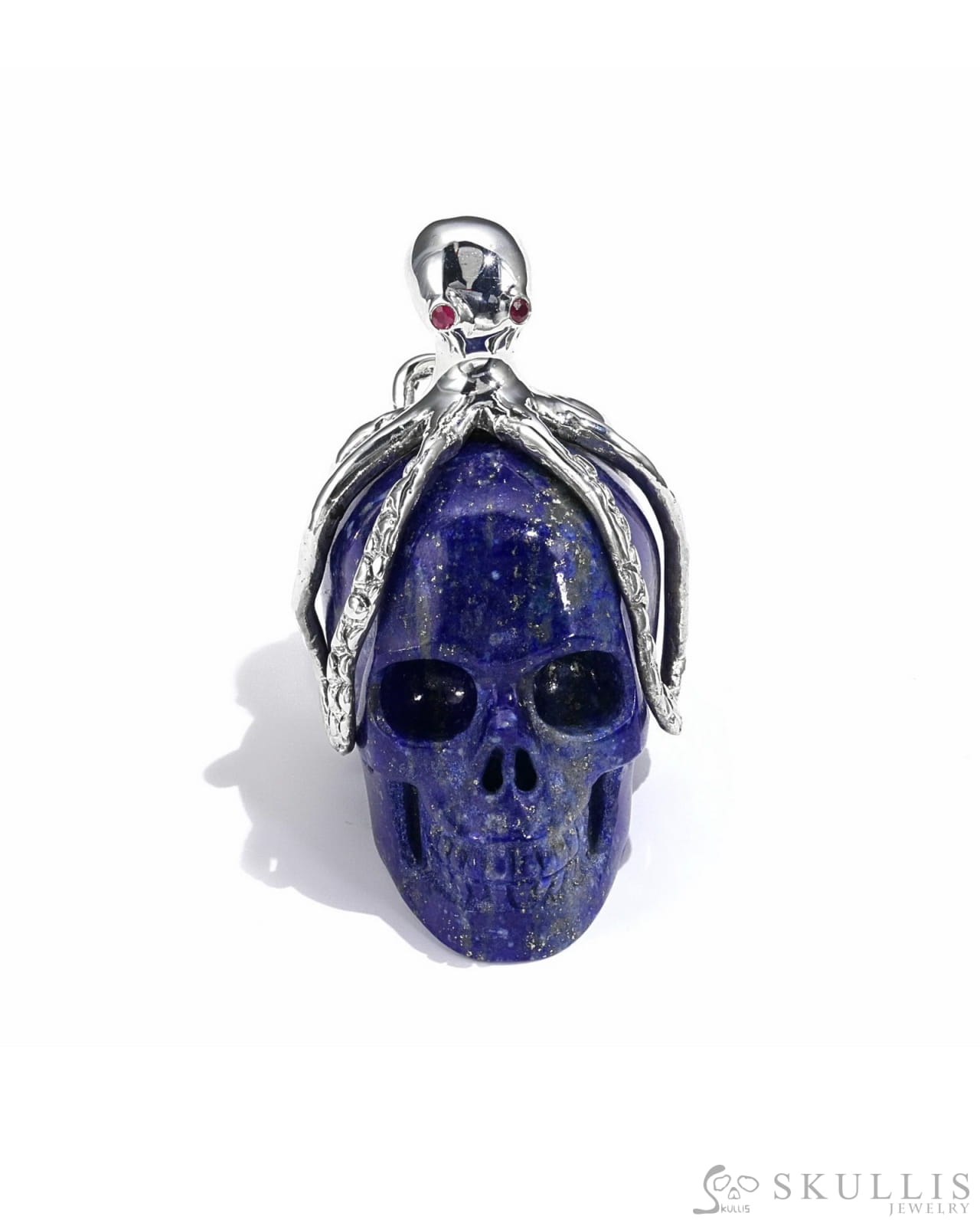 Gem Skull Pendant Necklace Of Lapis Lazuli Crystal Carved Skull With Detachable Silver Jaw