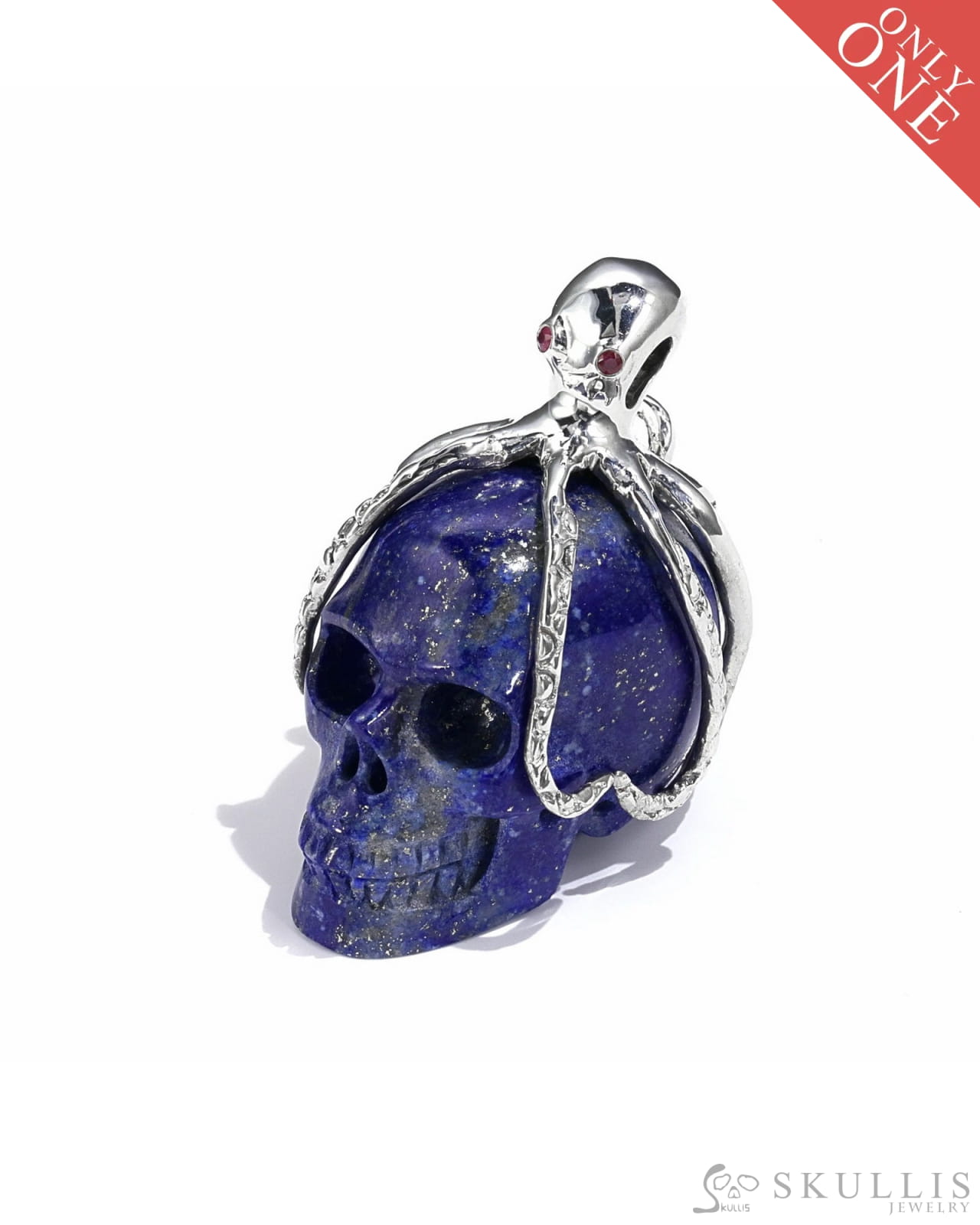 Gem Skull Pendant Necklace Of Lapis Lazuli Crystal Carved Skull With Detachable Silver Jaw