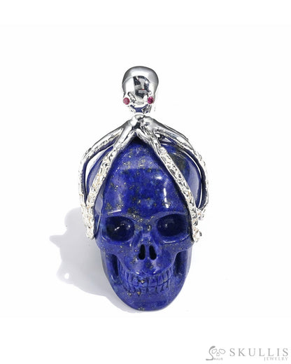 Gem Skull Pendant Necklace Of Lapis Lazuli Crystal Carved Skull With Detachable Silver Jaw