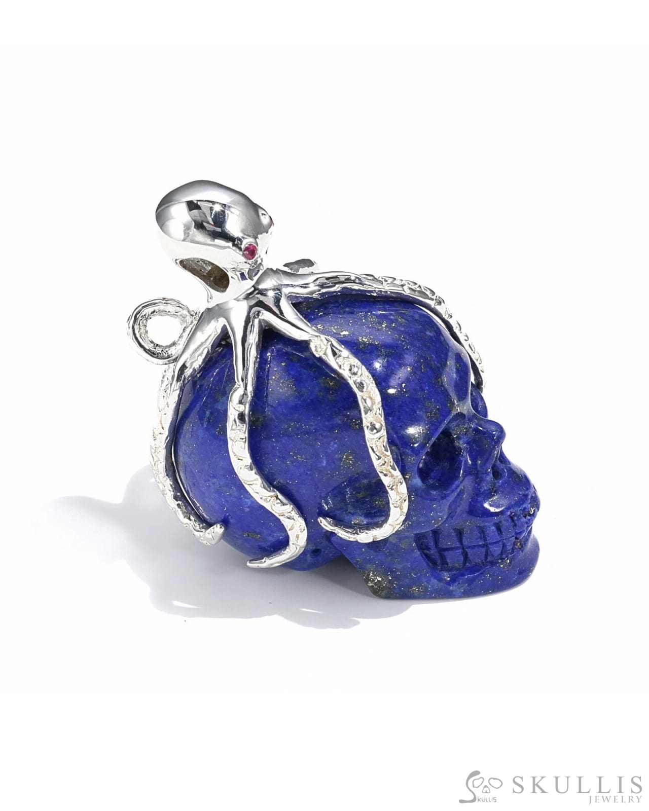 Gem Skull Pendant Necklace Of Lapis Lazuli Crystal Carved Skull With Detachable Silver Jaw