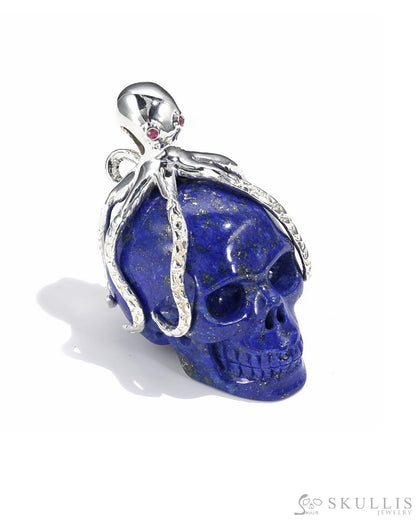 Gem Skull Pendant Necklace Of Lapis Lazuli Crystal Carved Skull With Detachable Silver Jaw