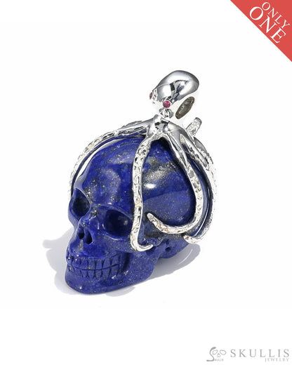 Gem Skull Pendant Necklace Of Lapis Lazuli Crystal Carved Skull With Detachable Silver Jaw