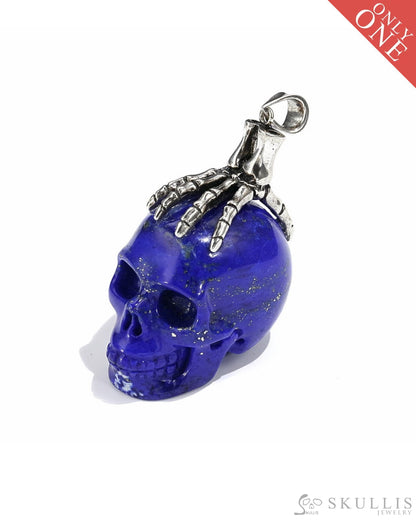 Gem Skull Pendant Necklace Of Lapis Lazuli Carved With Skeleton Hand In 925 Sterling Silver -