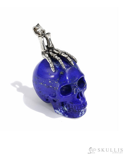 Gem Skull Pendant Necklace Of Lapis Lazuli Carved With Skeleton Hand In 925 Sterling Silver -