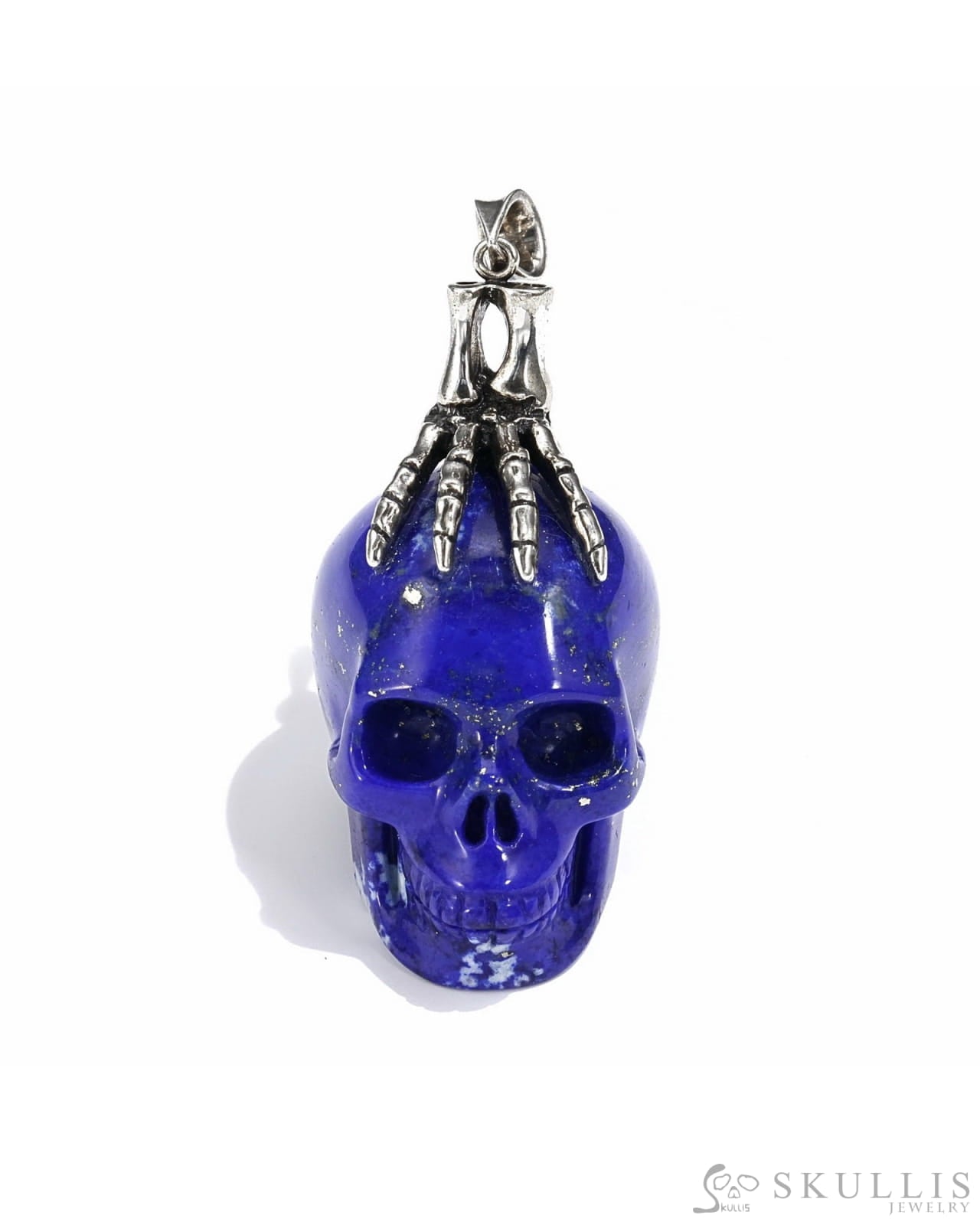 Gem Skull Pendant Necklace Of Lapis Lazuli Carved With Skeleton Hand In 925 Sterling Silver -