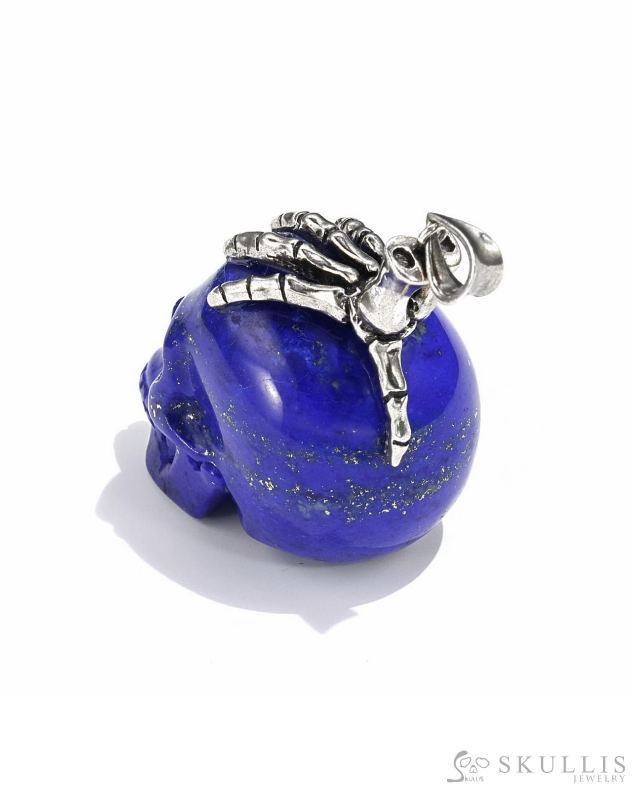 Gem Skull Pendant Necklace Of Lapis Lazuli Carved With Skeleton Hand In 925 Sterling Silver -