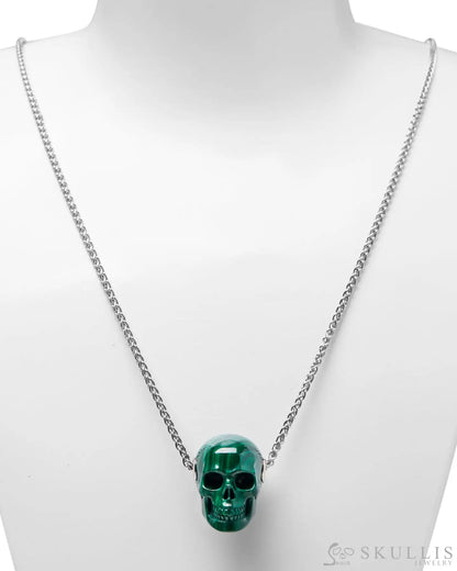 Gem Skull Pendant Necklace Of Malachite Carved Skull In 925 Sterling Silver