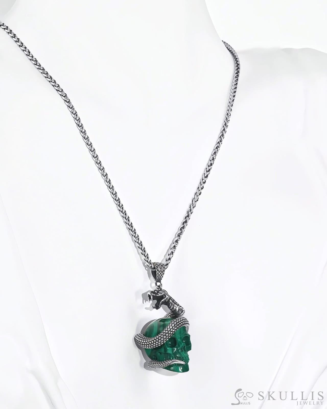 Gem Skull Pendant Necklace of Malachite Carved snake Skull with 925 Sterling Silver Skull Pendants