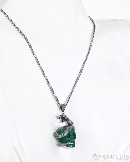 Gem Skull Pendant Necklace of Malachite Carved snake Skull with 925 Sterling Silver Skull Pendants