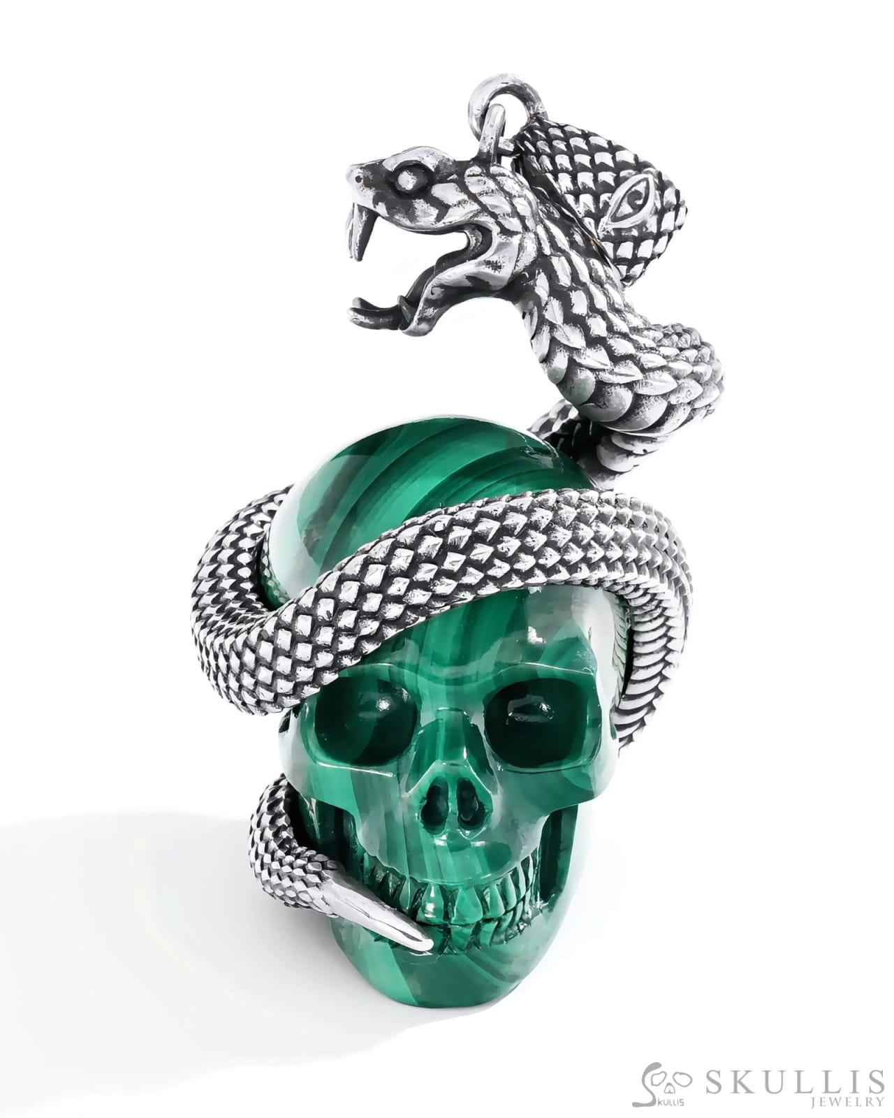 Gem Skull Pendant Necklace of Malachite Carved snake Skull with 925 Sterling Silver Skull Pendants