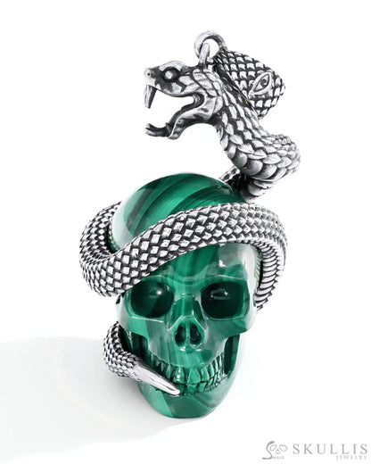 Gem Skull Pendant Necklace of Malachite Carved snake Skull with 925 Sterling Silver Skull Pendants