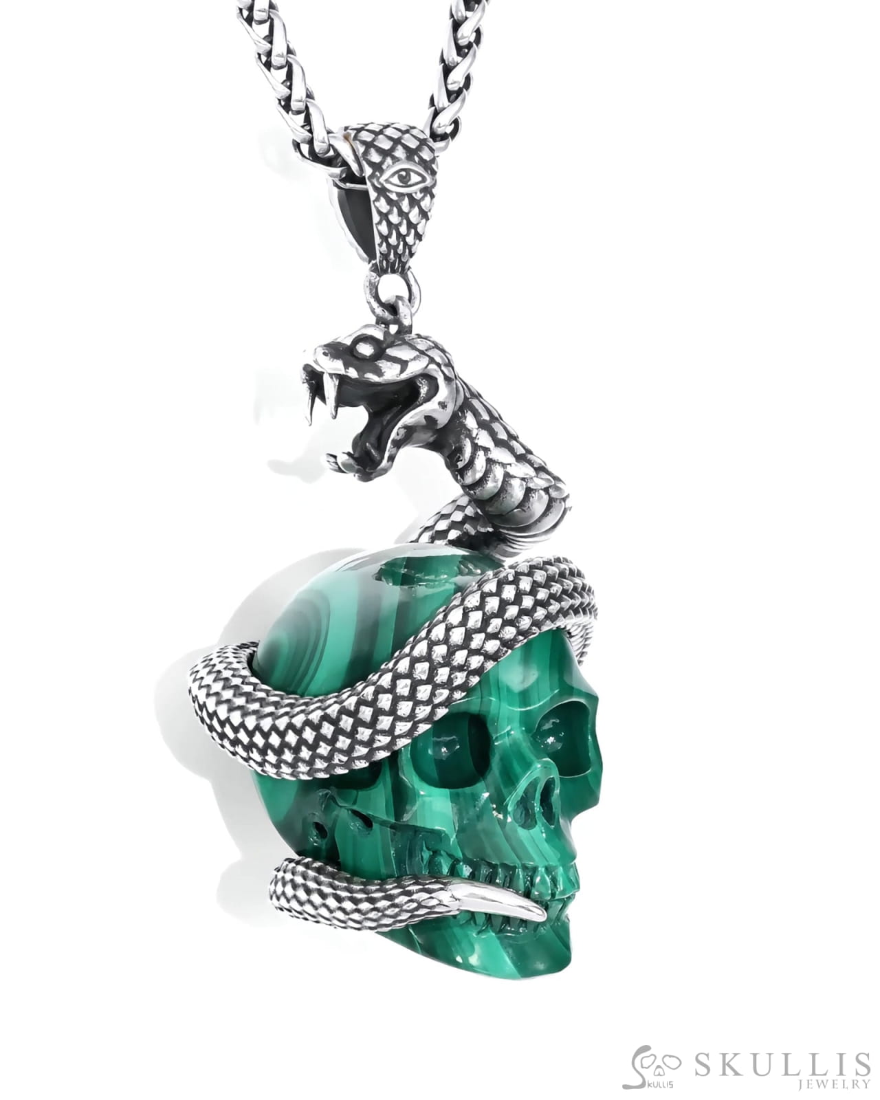 Gem Skull Pendant Necklace of Malachite Carved snake Skull with 925 Sterling Silver Skull Pendants