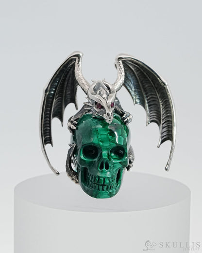 Gem Skull Pendant Necklace Of Malachite Carved Skull With Ruby-Eye Dragon In 925 Sterling