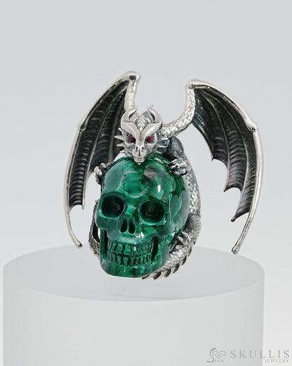 Gem Skull Pendant Necklace Of Malachite Carved Skull With Ruby-Eye Dragon In 925 Sterling