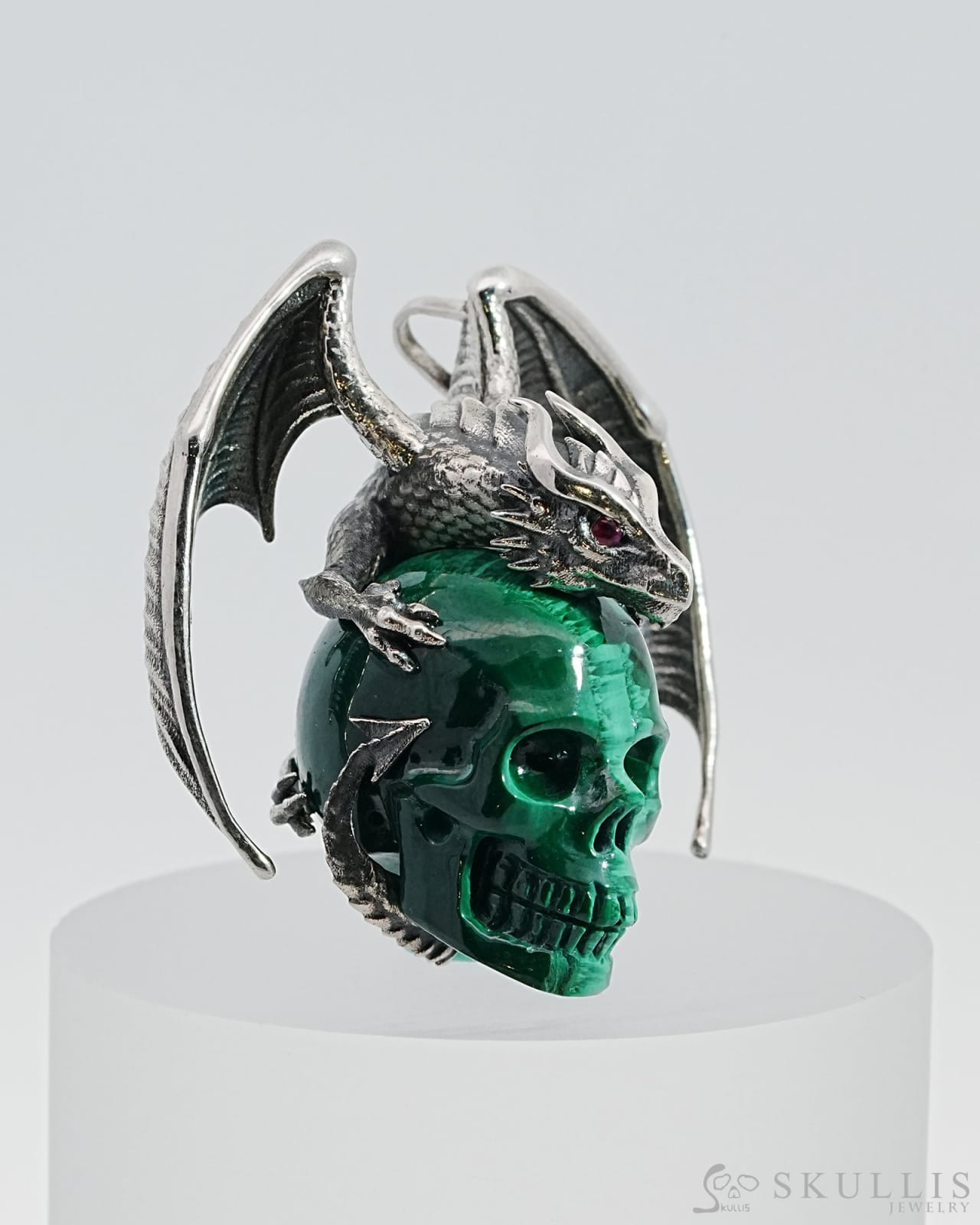 Gem Skull Pendant Necklace Of Malachite Carved Skull With Ruby-Eye Dragon In 925 Sterling