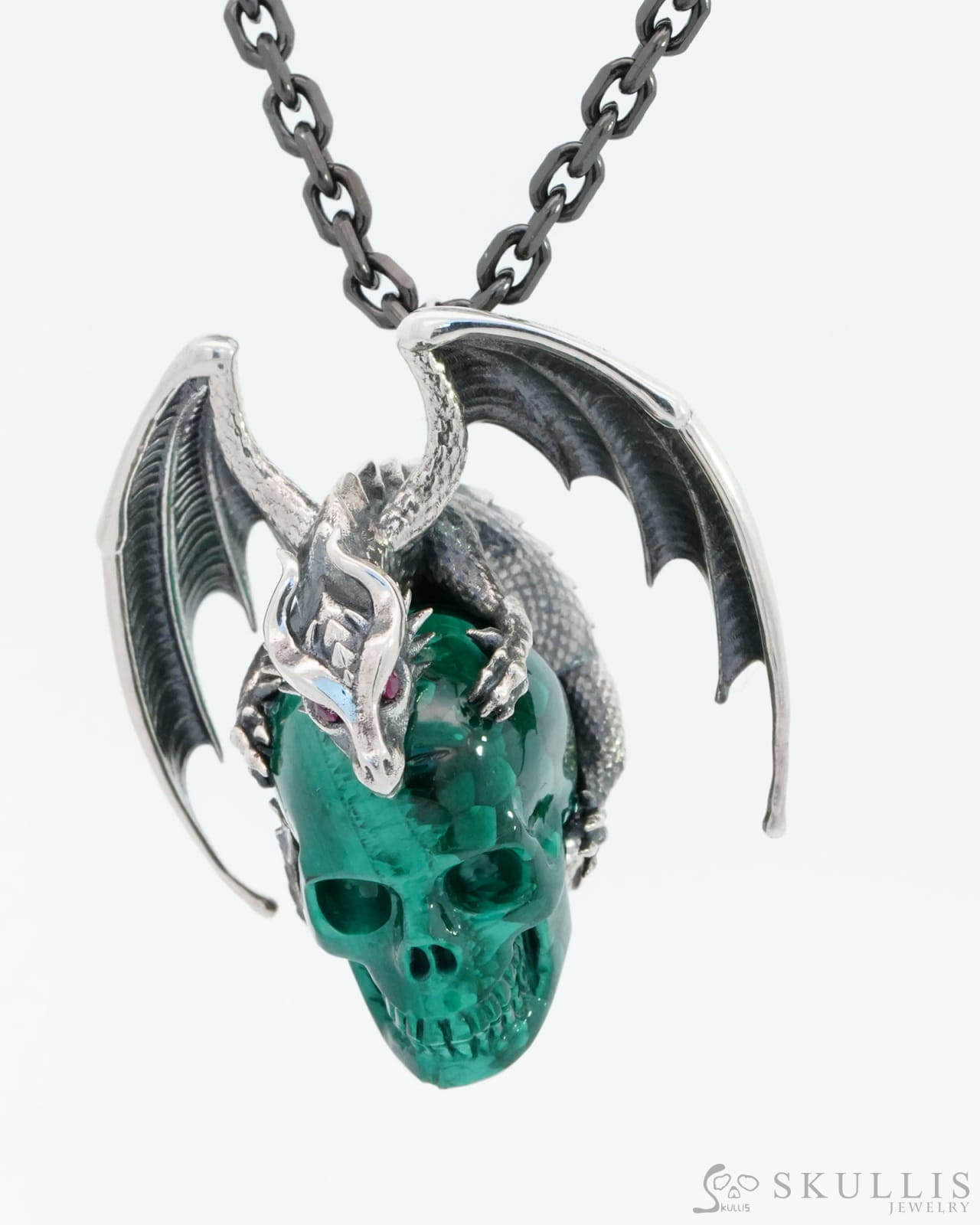 Gem Skull Pendant Necklace Of Malachite Carved Skull With Ruby-Eye Dragon In 925 Sterling