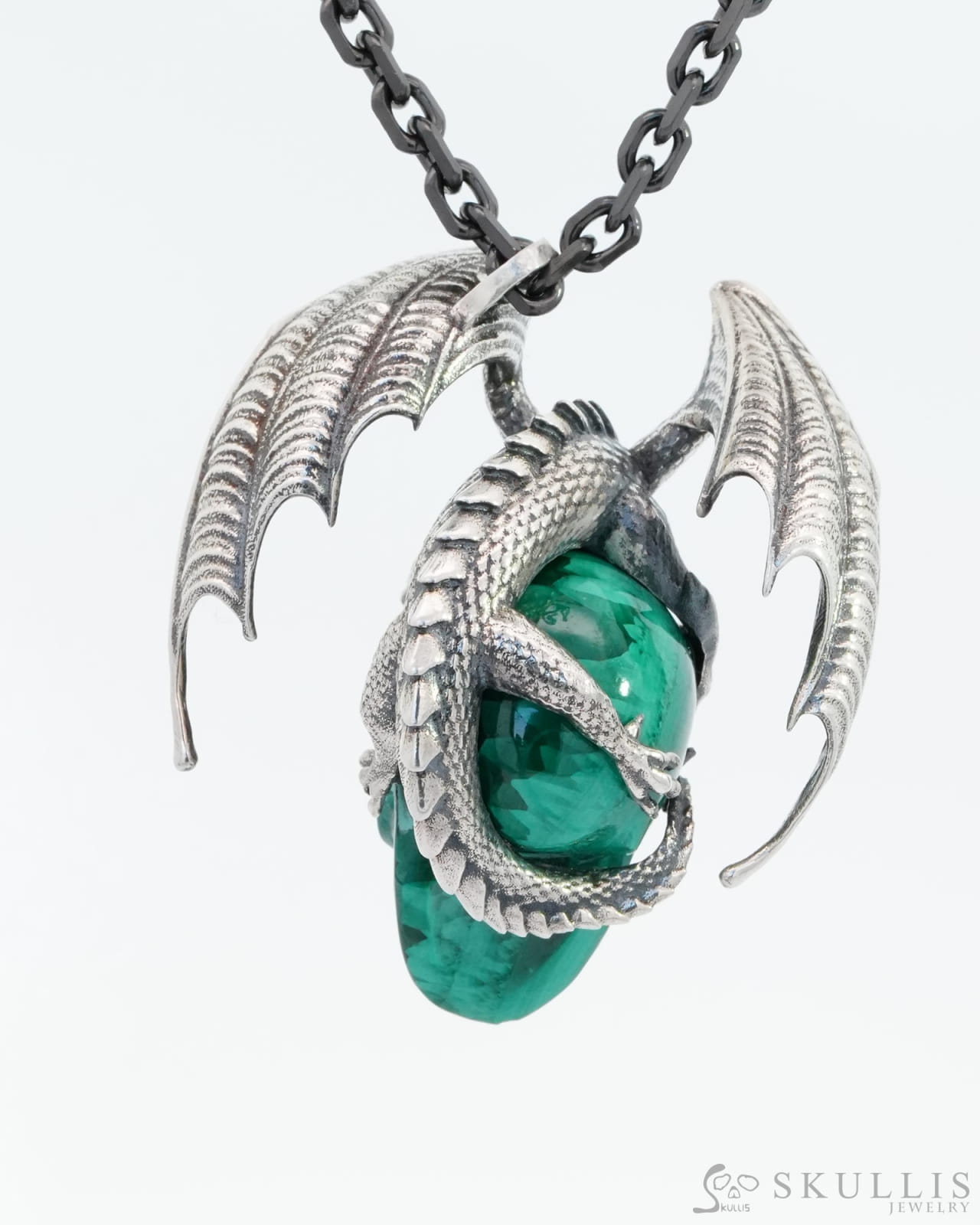 Gem Skull Pendant Necklace Of Malachite Carved Skull With Ruby-Eye Dragon In 925 Sterling