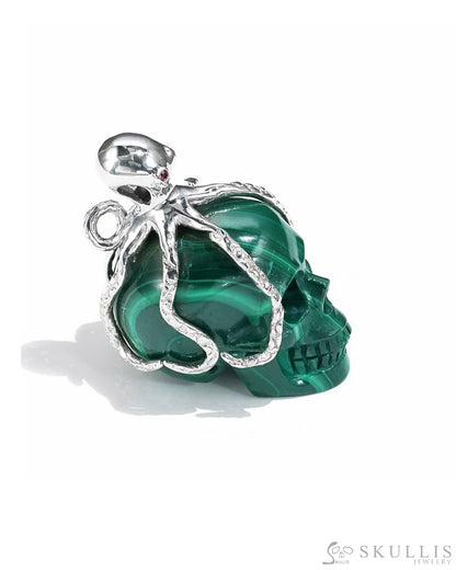 Gem Skull Pendant Necklace Of Malachite Crystal Carved Skull With Detachable Silver Jaw In