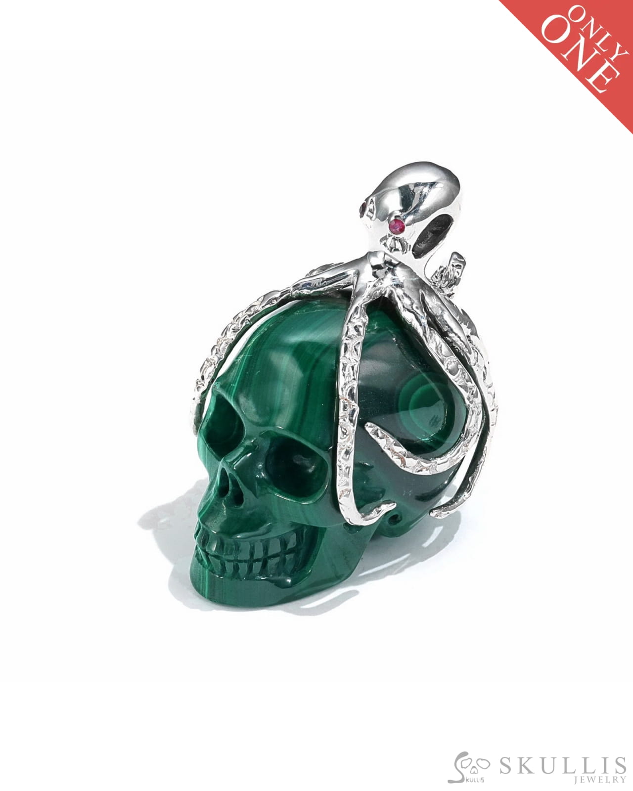 Gem Skull Pendant Necklace Of Malachite Crystal Carved Skull With Detachable Silver Jaw In