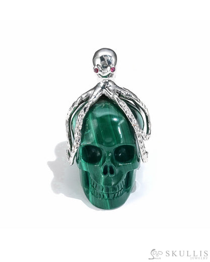 Gem Skull Pendant Necklace Of Malachite Crystal Carved Skull With Detachable Silver Jaw In