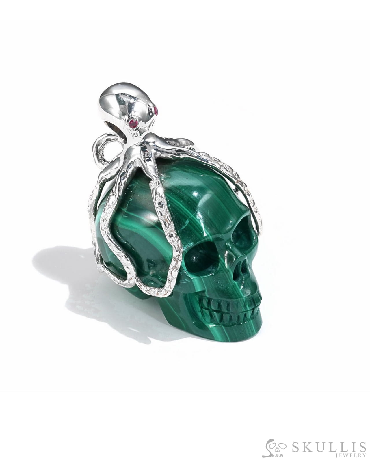 Gem Skull Pendant Necklace Of Malachite Crystal Carved Skull With Detachable Silver Jaw In