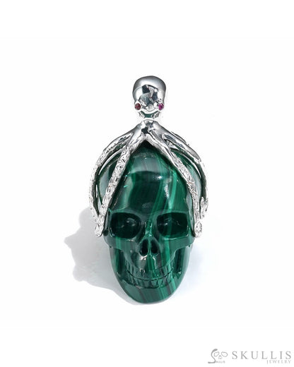 Gem Skull Pendant Necklace Of Malachite Carved With Ruby Eyes Octopus In 925 Sterling Silver -