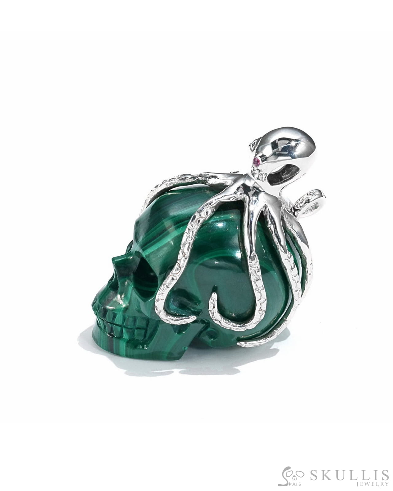 Gem Skull Pendant Necklace Of Malachite Carved With Ruby Eyes Octopus In 925 Sterling Silver -