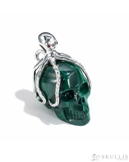 Gem Skull Pendant Necklace Of Malachite Carved With Ruby Eyes Octopus In 925 Sterling Silver -