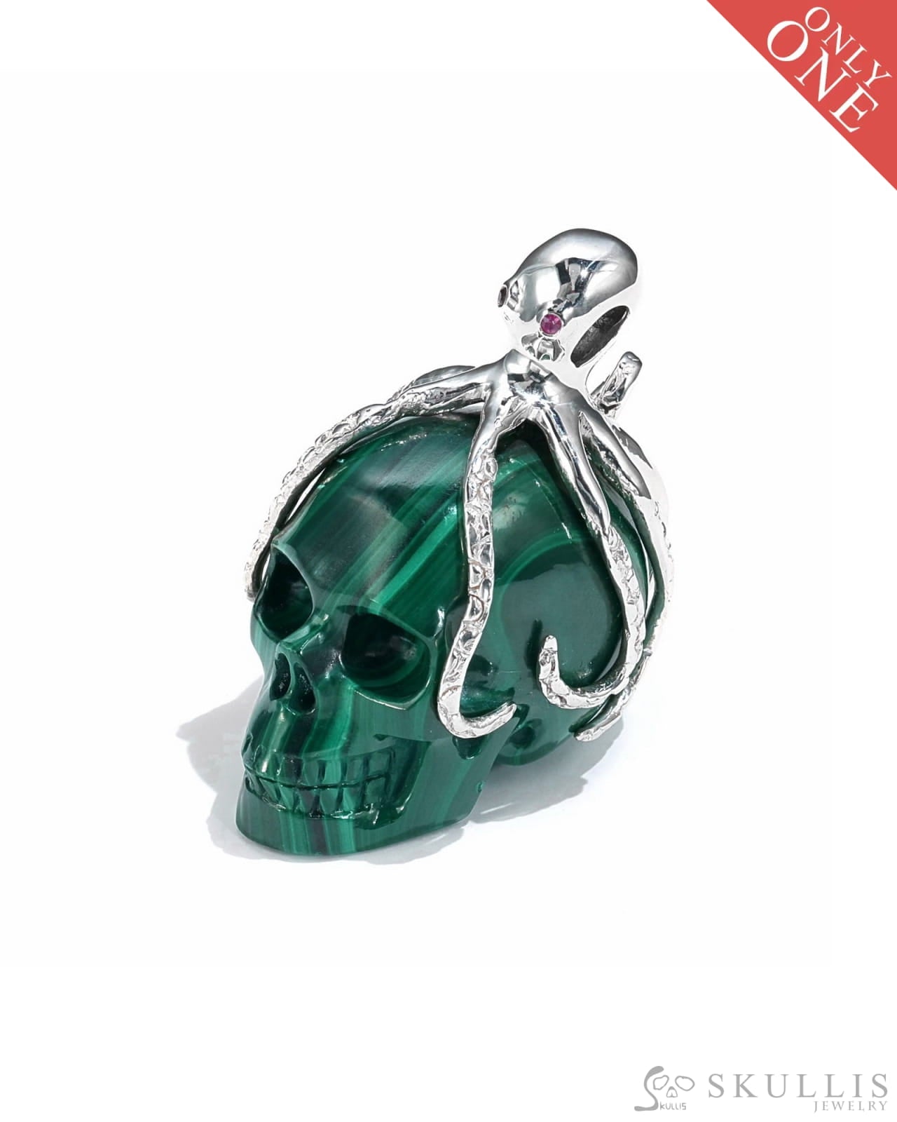 Gem Skull Pendant Necklace Of Malachite Carved With Ruby Eyes Octopus In 925 Sterling Silver -