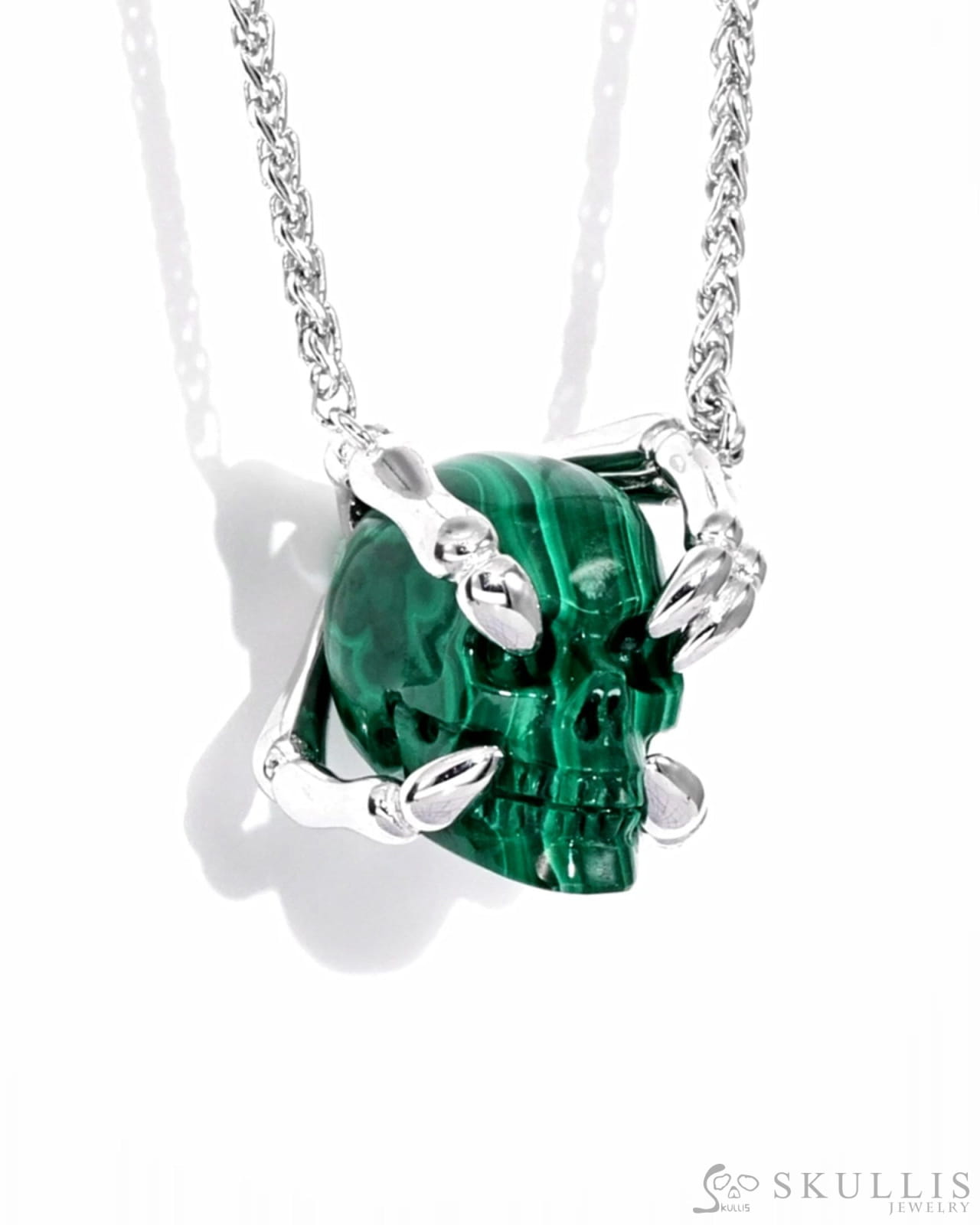 Gem Skull Pendant Necklace of Malachite Carved Skull with Sterling Silver Finger Bones Skull Earrings