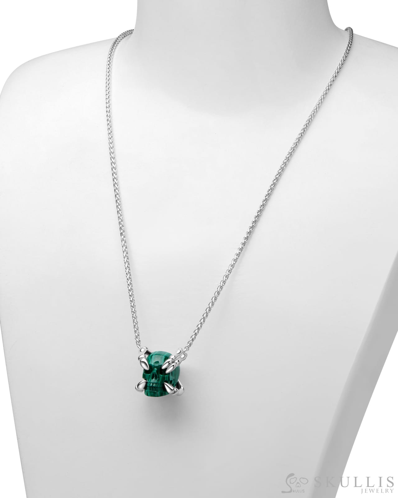Gem Skull Pendant Necklace of Malachite Carved Skull with Sterling Silver Finger Bones Skull Earrings