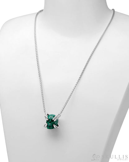 Gem Skull Pendant Necklace of Malachite Carved Skull with Sterling Silver Finger Bones Skull Earrings