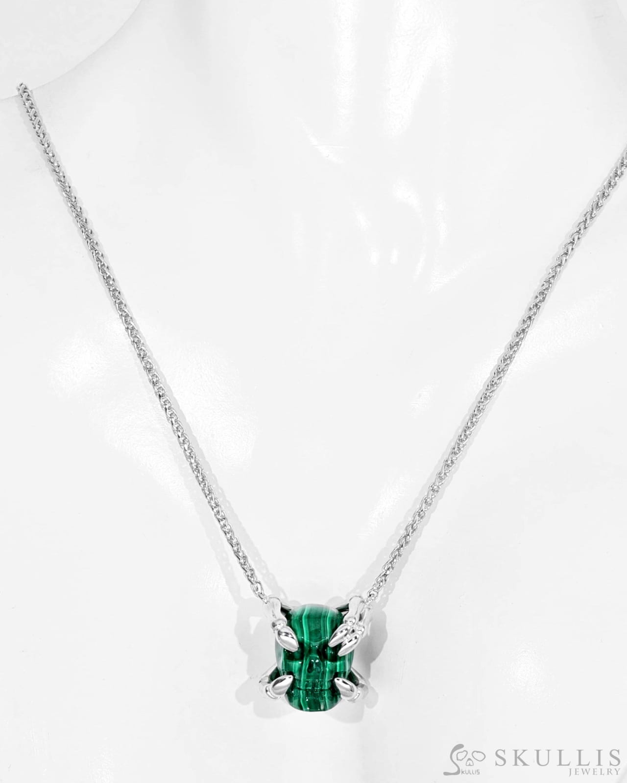 Gem Skull Pendant Necklace of Malachite Carved Skull with Sterling Silver Finger Bones Skull Earrings