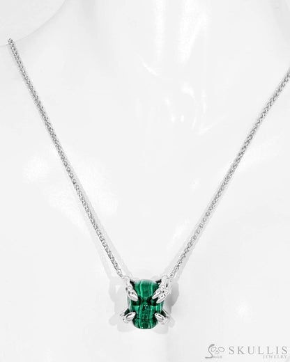 Gem Skull Pendant Necklace of Malachite Carved Skull with Sterling Silver Finger Bones Skull Earrings