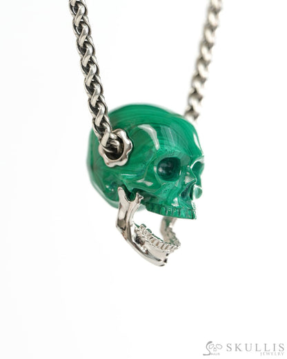 Gem Skull Pendant Necklace of Malachite Hand Carved Skull with Movable Jaw in 925 Sterling Silver - 9900434 - Skull