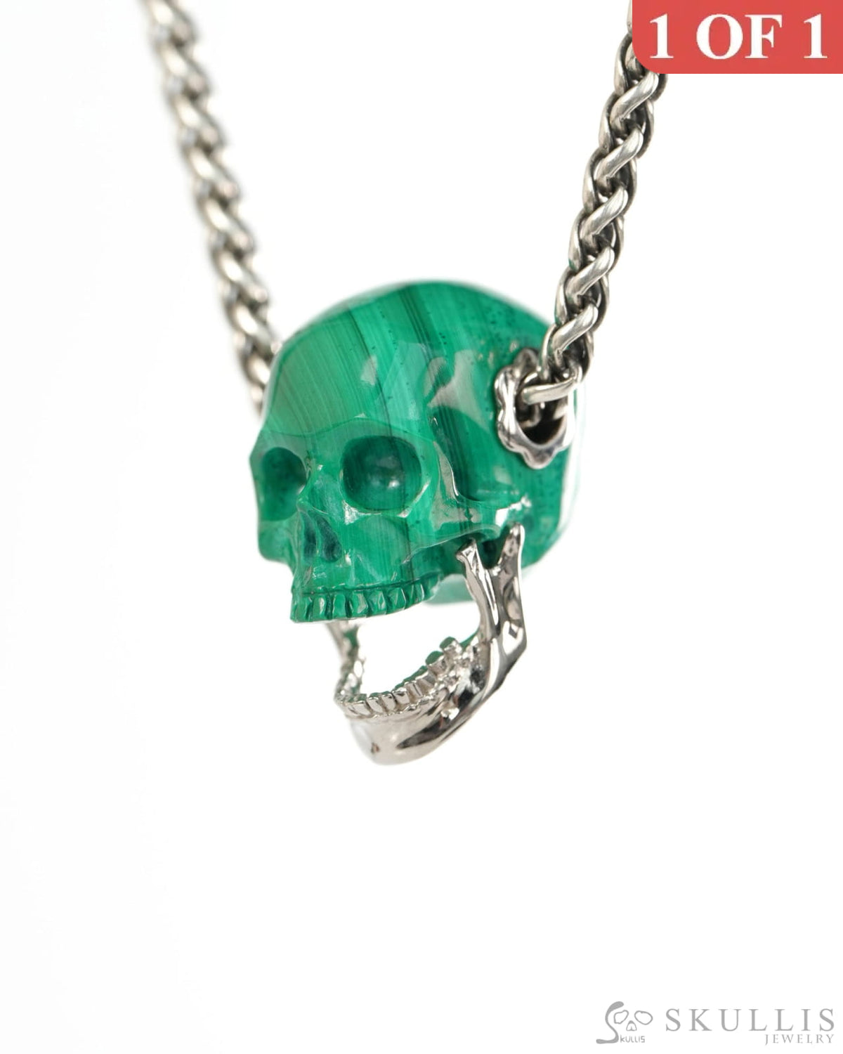 Gem Skull Pendant Necklace of Malachite Hand Carved Skull with Movable Jaw in 925 Sterling Silver - 9900434 - Skull