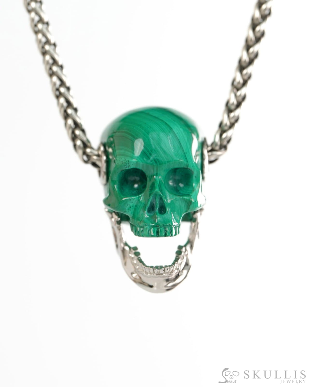 Gem Skull Pendant Necklace of Malachite Hand Carved Skull with Movable Jaw in 925 Sterling Silver - 9900434 - Skull