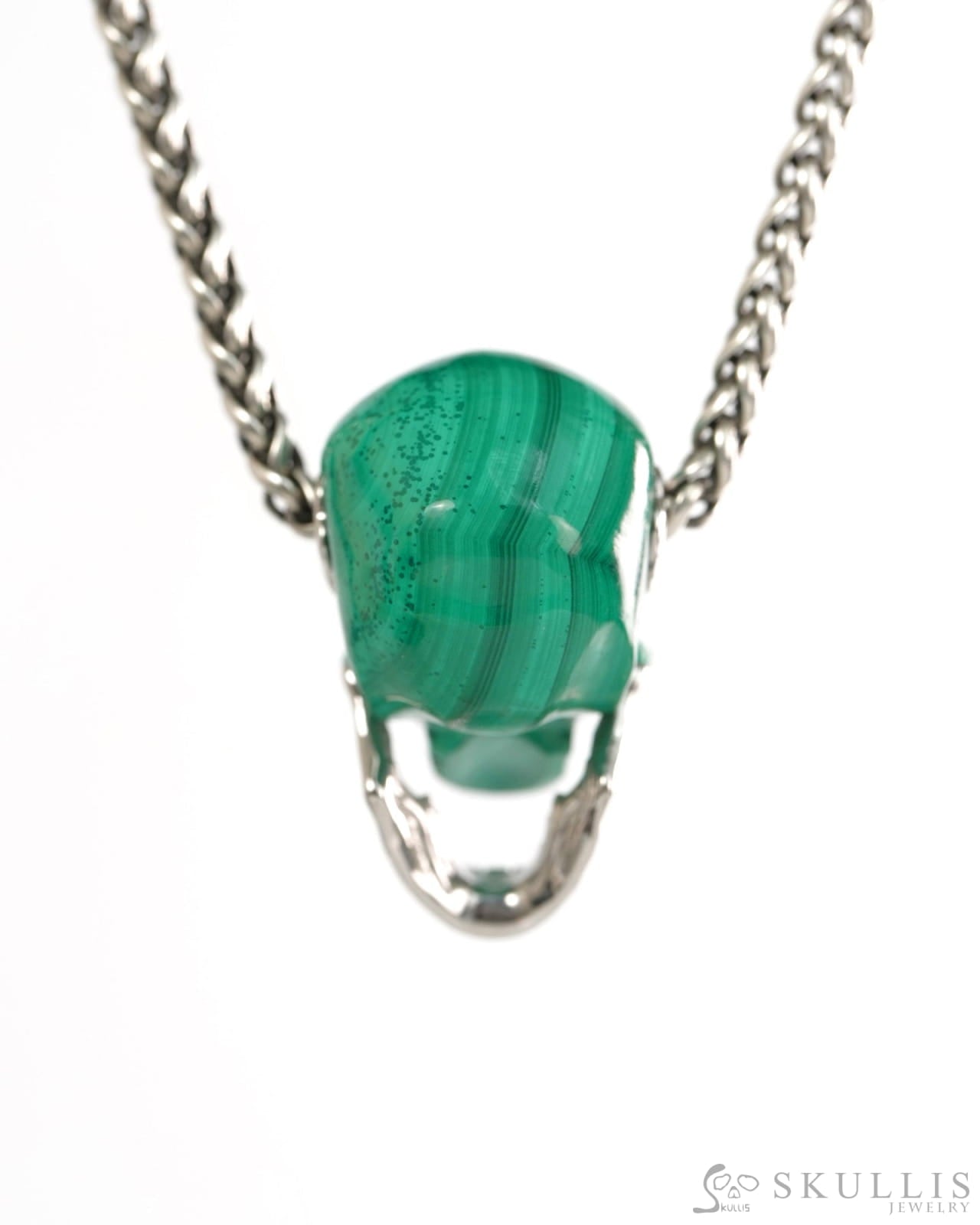 Gem Skull Pendant Necklace of Malachite Hand Carved Skull with Movable Jaw in 925 Sterling Silver - 9900434 - Skull