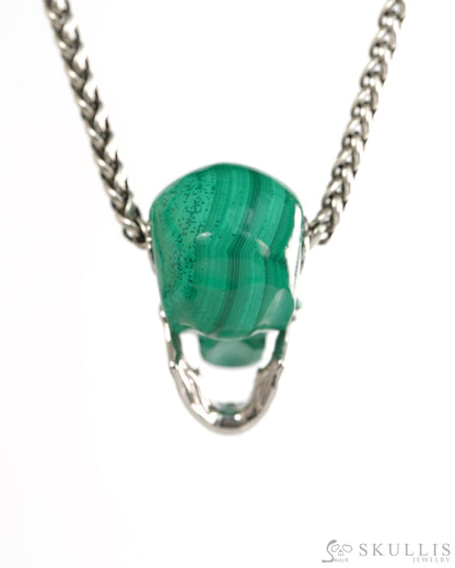 Gem Skull Pendant Necklace of Malachite Hand Carved Skull with Movable Jaw in 925 Sterling Silver - 9900434 - Skull