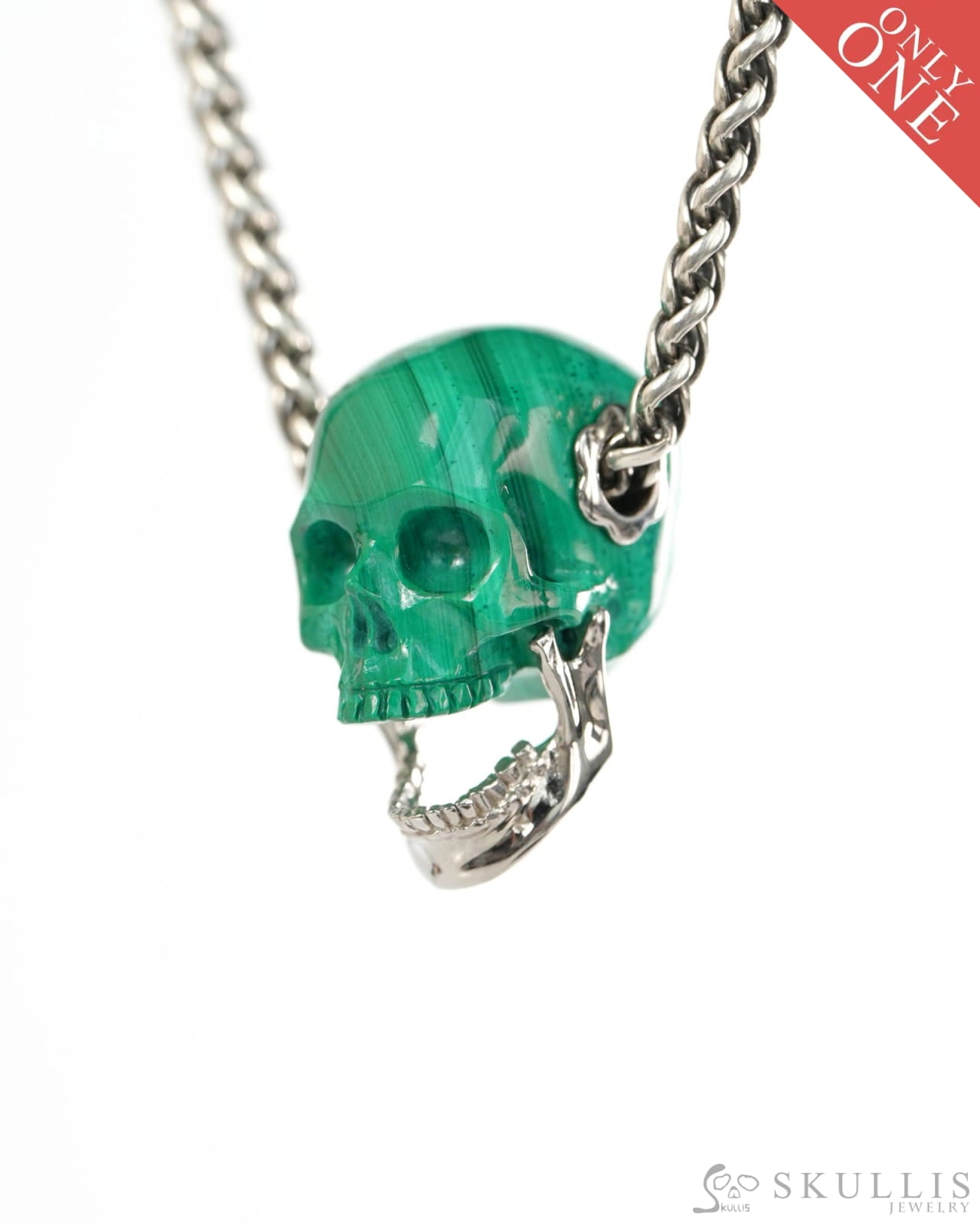 Gem Skull Pendant Necklace of Malachite Hand Carved Skull with Movable Jaw in 925 Sterling Silver - 9900434 - Skull