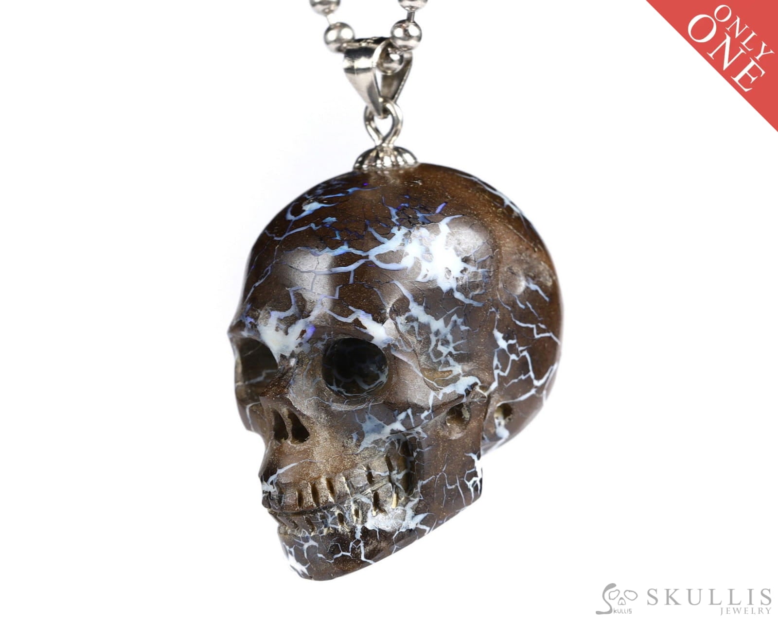 Gem Skull Pendant Necklace Of Matrix Opal Carved Skull With Bail In 925 Sterling Silver