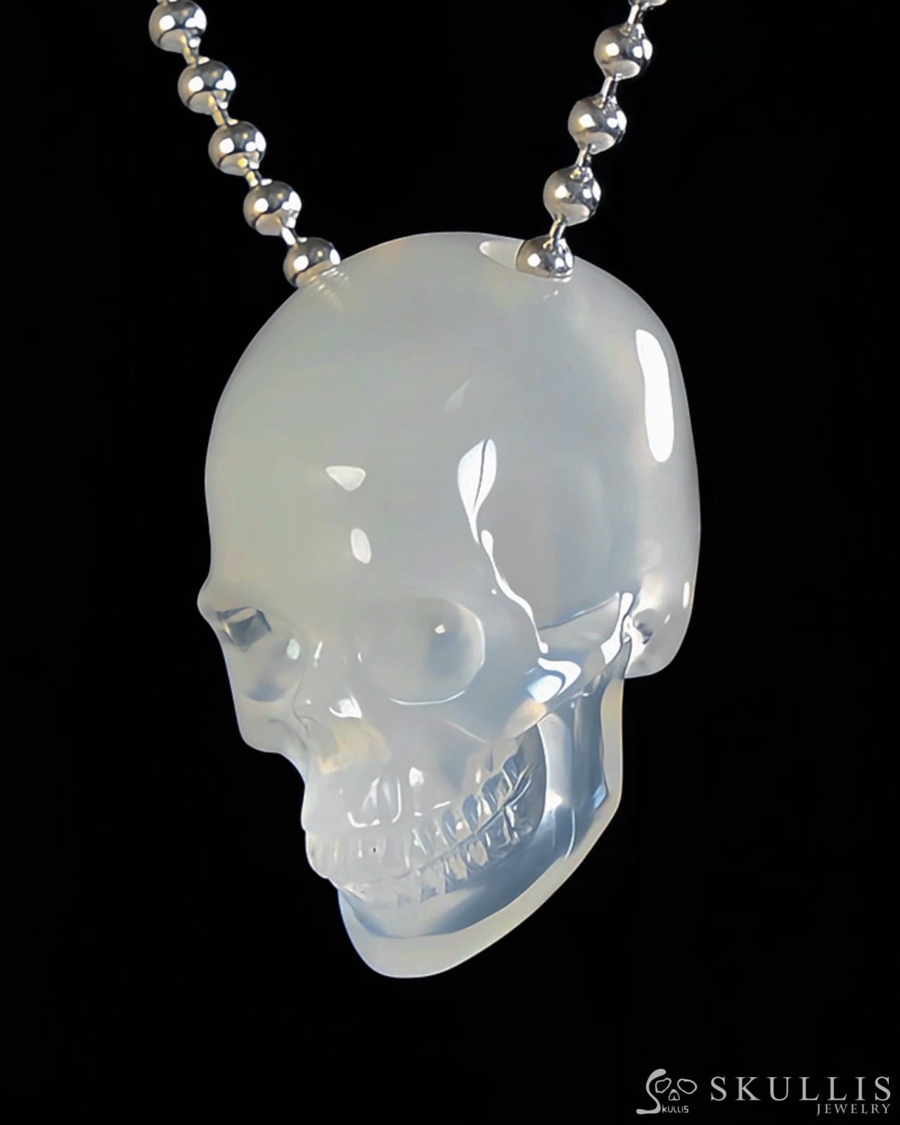 Gem Skull Pendant Necklace of Milky Agate Carved Hollow Skull with 925 Silver Chain - S0001809 Skull Pendants