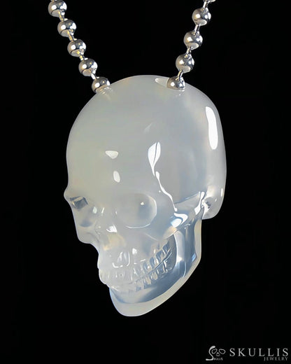 Gem Skull Pendant Necklace of Milky Agate Carved Hollow Skull with 925 Silver Chain - S0001809 Skull Pendants
